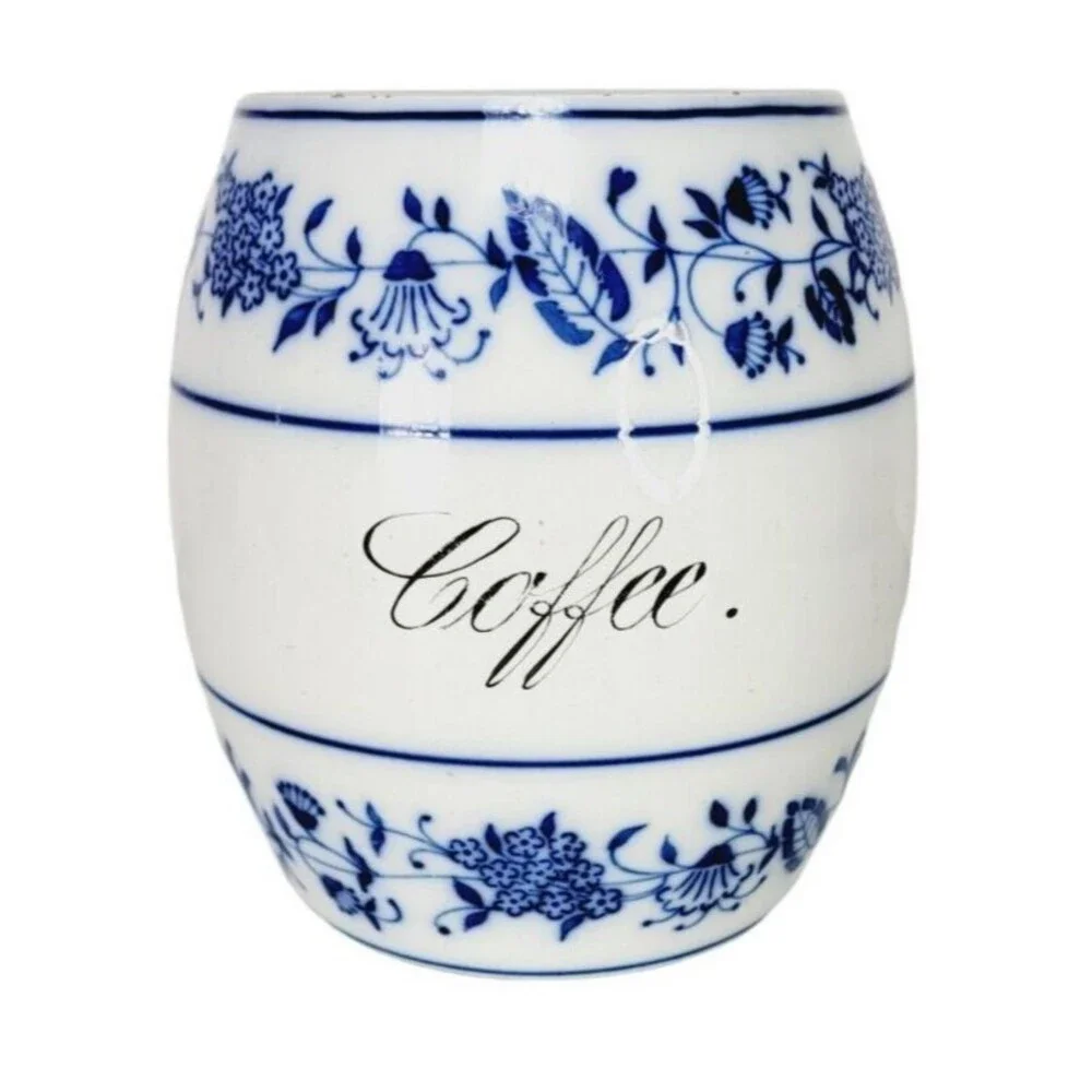 Antique German Porcelain Ceramic Blue & White Delft Round Coffee Jar Canister